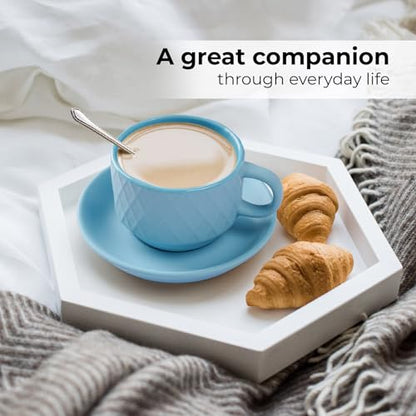 MIAMIO - 6 x 2.5 oz Stoneware Espresso Mug, Cup Set Modern with Stand and Saucers - Palmanova Collection (Ocean Blue) - color: Ocean Blue