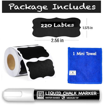 Chalkboard Labels Roll for Jars 220pcs Wavy Shape - Waterproof Reusable Chalk Sticker Labels for Containers Storage Jars - Includes Erasable Liquid Chalk Marker & Mini Towel - style: 220 Labels Wavy Shape