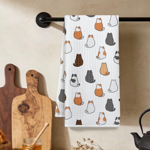 Cat Kitchen Towels 24x14 Inch, Reusable Durable Microfiber Dish Towels, Waffle Weave Hand Tea Towel for Kitchen Home Bathroom Farmhouse Washroom Decor, Cat Gifts for Women Friend Mom Cats Lovers - color: Lm 348