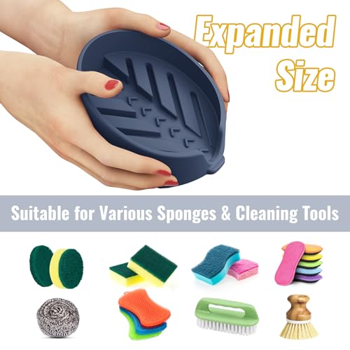 NiHome Silicone Sponge Holder for Kitchen Sink, Fits Scrub Daddy Mommy | Self-Draining Dispenser Organizer Tray, Sink Caddy Countertop Fits Soaps, Scrubber, Dishwasher Safe, Includes Brush - color: Dark Blue