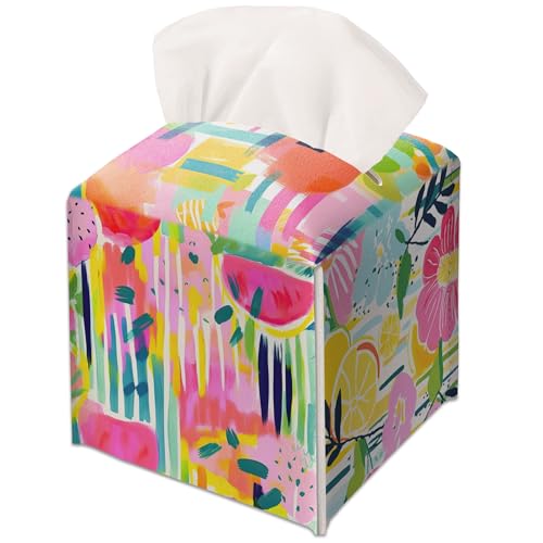 Modern Square Leather Tissue Box Cover/Case Holder Gifts for Women Family and Friends, Decorative Holder/Organizer for Bathroom Kitchen Nightstand Office Home (Colorful Rainbow Fruits) - color: Colorful Rainbow Fruits