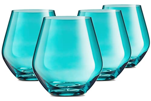 Godinger Wine Glasses, Stemless Wine Glasses, Red Wine Glasses, Drinking Glasses, European Made Stemless Wine Glass - Turquoise, 17oz, Set of 4 - color: Turquoise