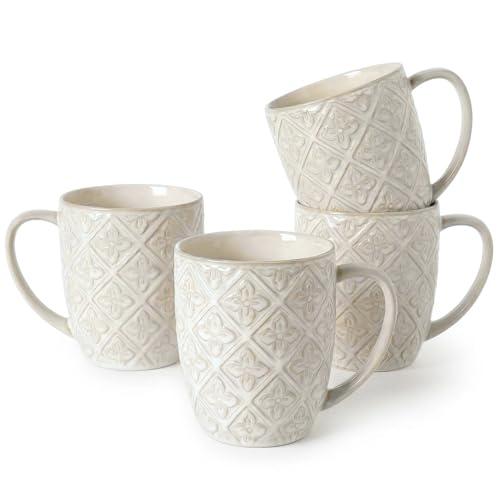 Coffee Mugs 16 Oz, Ceramic Coffee Mugs Set of 4, Large Embossment Cups for Latte, Cocoa, Tea, Mocha, Cappuccino, Dishwasher Safe, Housewarming Wedding Gifts, 3.5 x 4.5 inch, Vintage White - color: A1