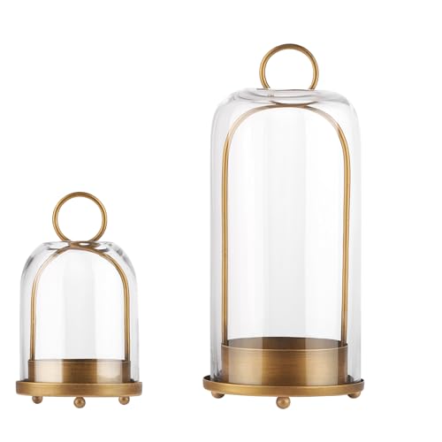 5" & 4" Wide Versatile Metal Candle Holder with Handmade Sturdy Glass Dome in Brass for Pillar Candle & Plants, 5.1" xH11.8 4" xH7.5, Industrial, Farmhouse, Shabby Chic. (2, Brass, Large & Small) - color: Brass