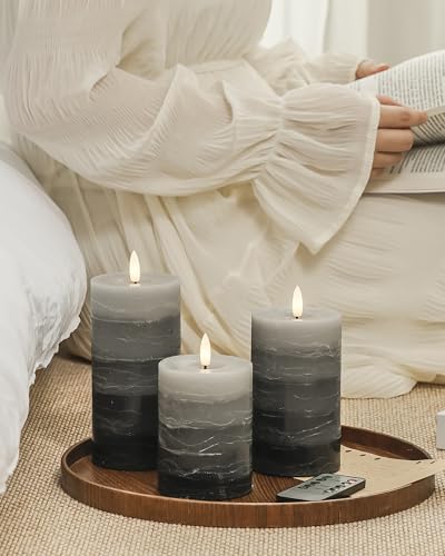 Stmarry Distressed Gradient Gray Flameless Candles with Remote and Timer, Real Wax Made LED Pillar Candles Battery Operated with 3D Flickering Flame - 3" x 4",5",6" - Set of 3 - color: Gradient Gray