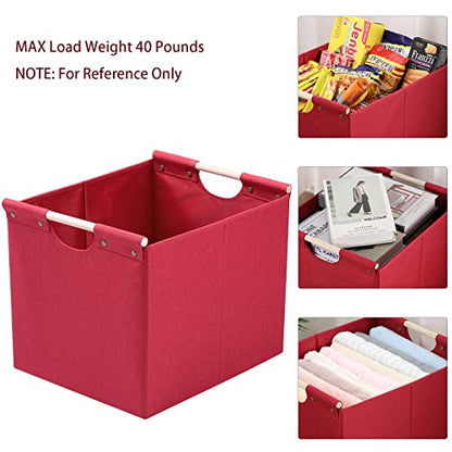 HOONEX Large Collapsible Storage Bins, Linen Fabric, Pack of 2, Storage Baskets with Wooden Carry Handles and Sturdy Heavy Cardboard, for Home, Office, Car, Nursery, Red - color: Red