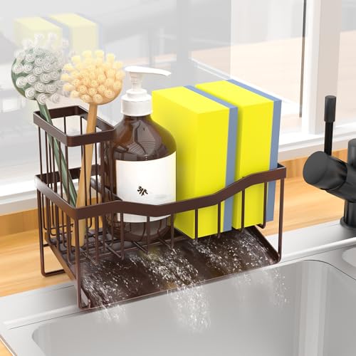 Fssvcd Maifan Sink Caddy Sponge Holder for Kitchen with Brush Holder and Stainless Steel Self Drain Tray, Rustproof Kitchen Sink Organizer for Sponge, Soap Dispenser Storage Accessories - color: Bronze