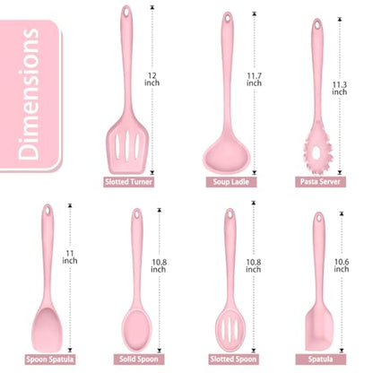 P&P CHEF Pink Kitchen Utensils, Silicone Cooking Utensil Set of 7 | Soft Spatula for Nonstick Cookware, Slotted Turner, Soup Ladle, Pasta Server, Spoon for Cooking, Dishwasher Safe & Heat Proof - color: Pink