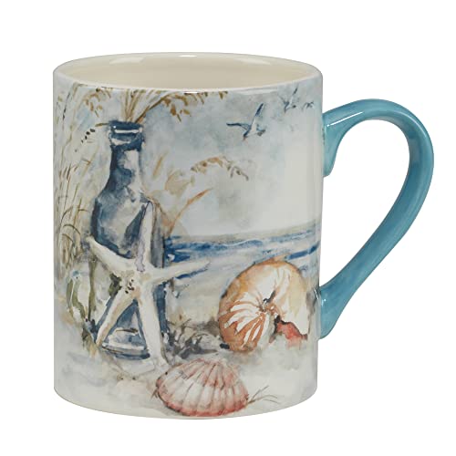 Coastal Landscape 16 oz. Ceramic Mugs – Set of 4 Assorted Beach Designs with Starfish, Shells & Ocean Bottles – Seaside Coffee Cups for Tea, Hot Cocoa, or Gifting – Blue Handle Accent - size: 5.125 inches x 4.25 inches