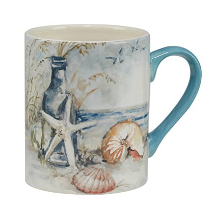 Coastal Landscape 16 oz. Ceramic Mugs – Set of 4 Assorted Beach Designs with Starfish, Shells & Ocean Bottles – Seaside Coffee Cups for Tea, Hot Cocoa, or Gifting – Blue Handle Accent - size: 5.125 inches x 4.25 inches