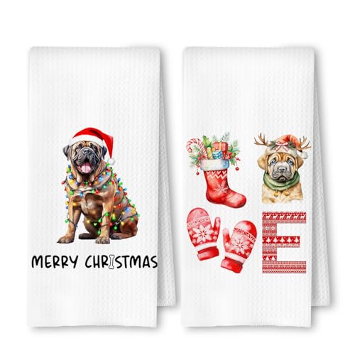 Christmas Mastiff Kitchen Dish Towels 2 Pack - Mastiff Dog Lover Gift, Waffle Weave Christmas Hand & Tea Towels for Kitchen Bathroom, 16x24 Inches - color: Mastiff Christmas