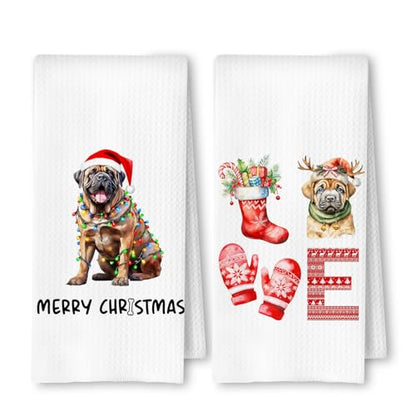 Christmas Mastiff Kitchen Dish Towels 2 Pack - Mastiff Dog Lover Gift, Waffle Weave Christmas Hand & Tea Towels for Kitchen Bathroom, 16x24 Inches - color: Mastiff Christmas