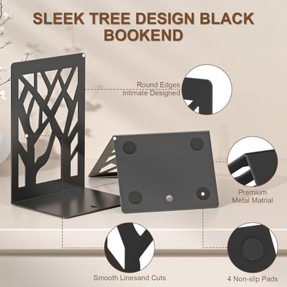 VFINE 4-Piece Modern Metal Bookends for Shelves, Black Tree Book Ends for Books, Decorative Book Organizer for Desk, Non-Skid Shelve Bookends for Home Office - style: Black bookend 2 pairs