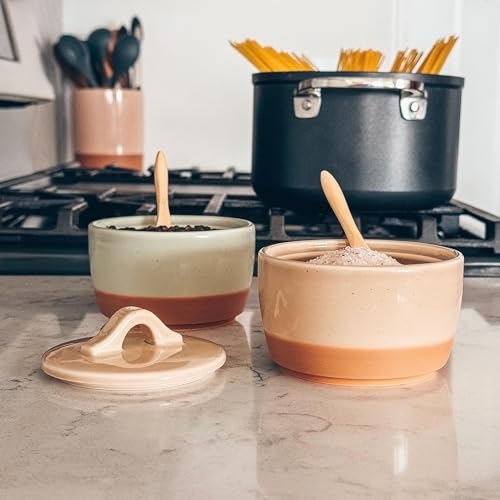 Mora Ceramic Salt and Pepper Cellar Set with Lid - 10 oz Modern Canister/Container/Bowl for Storage, Sea Salt, Spice, Sugar, Countertop - Small Dish/Jar with Wood Spoon, Matcha & Chai Crock - color: Matcha & Chai