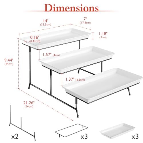 Bumusty 3-Tier Melamine Serving Tray Set, 14 x 7 in, Black Stand | Melamine Reusable Platters with Metal Display Stand for Cupcakes, Desserts, Fruit, Cookies, Parties, Birthdays and Holidays - color: Black, size: 14" x 7"