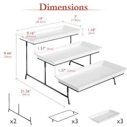 Bumusty 3-Tier Melamine Serving Tray Set, 14 x 7 in, Black Stand | Melamine Reusable Platters with Metal Display Stand for Cupcakes, Desserts, Fruit, Cookies, Parties, Birthdays and Holidays - color: Black, size: 14" x 7"