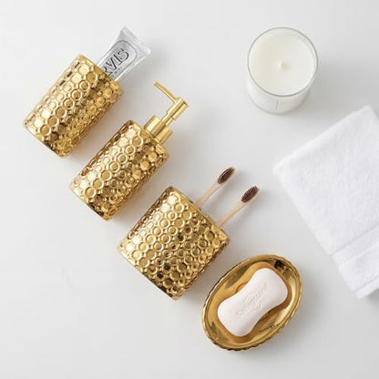 Gold Ceramic Bathroom Accessories Set, 4 Piece, Honeycomb Design with Soap Dispenser Pump, Tumbler, Toothbrush Holder, Soap Dish - color: Gold