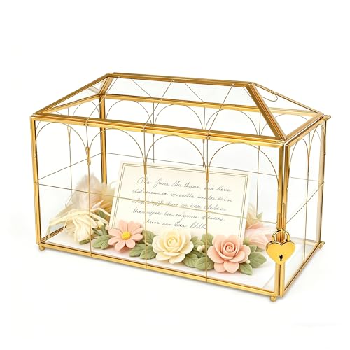 Wedding Glass Card Box with Slot 12.6 x 5.9 x 9 Inch | Vintage Gold House Shaped Decorative Box, Clear Glass Keepsake Box for Wedding Cards, Letters, Anniversary and Home Decor - color: Golden 12.6" x 5.9" x 9"
