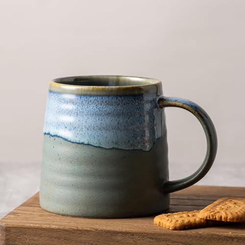 15.5oz Large Heavyweight Ceramic Mug, Reactive (Blue-Grey) | 15.5oz Medium-Large, Heavy Weighted Stoneware, Reactive Transmutation Glaze, Microwave & Dishwasher Safe, Gift Box - color: Blue-Grey
