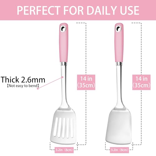 14-in Pink Spatula Set, 18/0 Stianless Steel Heavy Duty Turner & Slotted Spatula, Kitchen Cooking Utensils Set, High Heat Resistant, Grilling Frying Serving Food, Pack of 2 - color: Pink, size: 2PCS-Spatulas set
