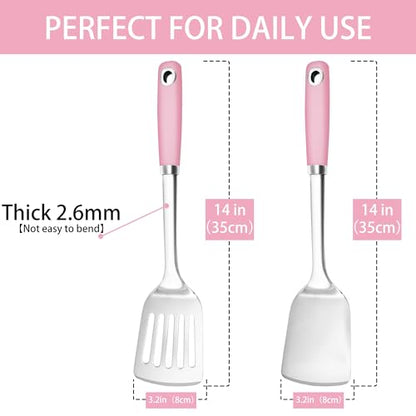 14-in Pink Spatula Set, 18/0 Stianless Steel Heavy Duty Turner & Slotted Spatula, Kitchen Cooking Utensils Set, High Heat Resistant, Grilling Frying Serving Food, Pack of 2 - color: Pink, size: 2PCS-Spatulas set