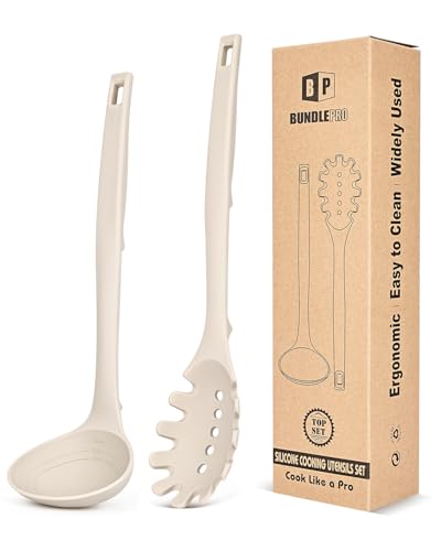 Silicone Pasta Fork and Soup Ladle Set, Heat Resistant Non Stick Kitchen Utensils with Back Hooks, Suitable for Cooking, Stirring, Serving Spaghetti, Soup, Sauce(KHAKI) - color: Khaki