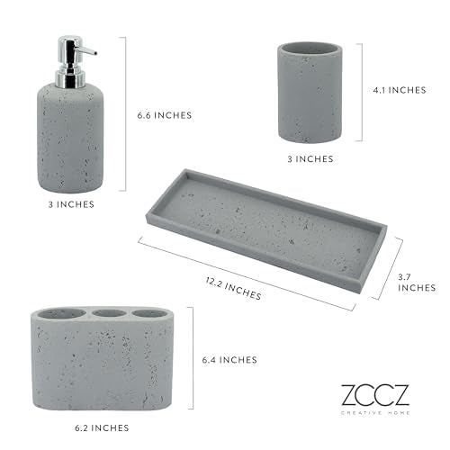 -Beige Bathroom Accessories Set 4 Pcs - Toothbrush Holder, Soap Dispenser, Vanity Tray, Bathroom Tumbler - Countertop Vanity Organizer - Bathroom Accessory Set- Toothbrush Holder Set, Stone Sets - color: Gray, size: 4pcs