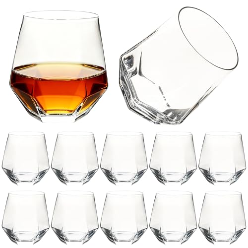Stemless Wine Glasses Set of 12, 11 oz Diamond Wine Glasses | Geometric Glass Cups, Clear Glassware Tumblers for Red White Wine, Cocktail, Bourbon, Whiskey