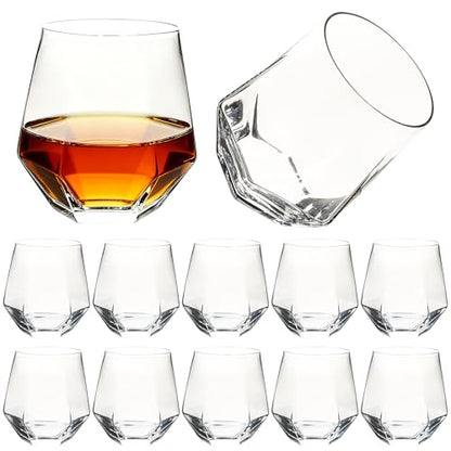 Stemless Wine Glasses Set of 12, 11 oz Diamond Wine Glasses | Geometric Glass Cups, Clear Glassware Tumblers for Red White Wine, Cocktail, Bourbon, Whiskey