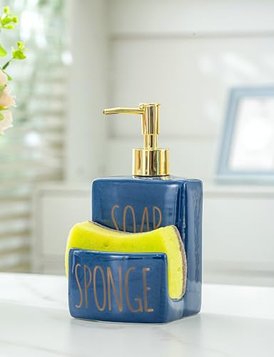 Ceramic soap Dispenser with Sponge Holder for Kitchen Sink Bathroom Counter top Storage and Organization (Navy) - color: Navy