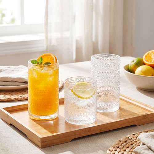 Vintage Hobnail Drinking Glasses Set of 8, Clear Glass 12oz & 16oz Highball Cups, Embossed Water Tumbler for Beer, Cocktail, Whiskey, Juice