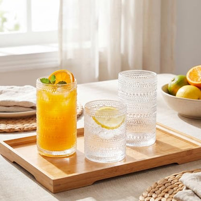 Vintage Hobnail Drinking Glasses Set of 8, Clear Glass 12oz & 16oz Highball Cups, Embossed Water Tumbler for Beer, Cocktail, Whiskey, Juice