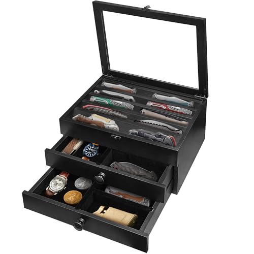 Montex Knife Display Case, Wooden Knife Case, 2- Tier Knife Box, Knife Cases for Collections, Pocket Knife Organizer with Lid, Black (Black, 3 Layer) - color: Black, size: 3 Layer