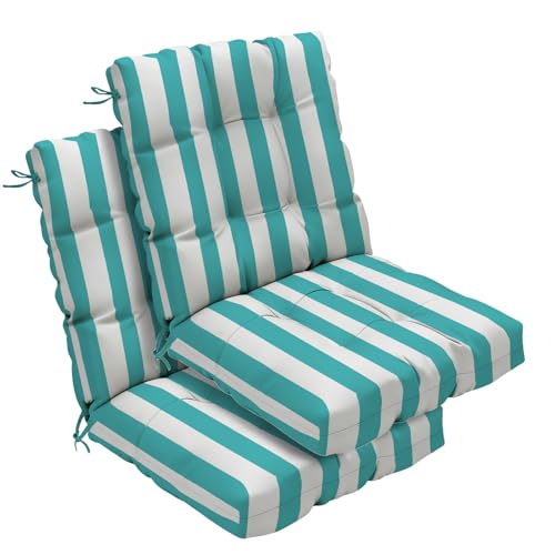 Outdoor Chair Cushions 42x21x4 Inch Set of 2, Lake Blue Stripe | Patio Cushions for Dining Rocking Chairs, High Back Soft Seat Pad with Ties, Waterproof Fade Resistant, Indoor Outside Use - color: Lake Blue White Stripes