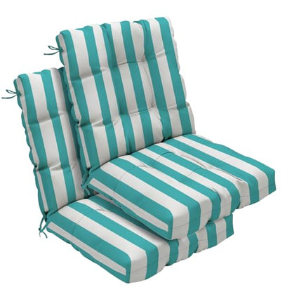 Outdoor Chair Cushions 42x21x4 Inch Set of 2, Lake Blue Stripe | Patio Cushions for Dining Rocking Chairs, High Back Soft Seat Pad with Ties, Waterproof Fade Resistant, Indoor Outside Use - color: Lake Blue White Stripes