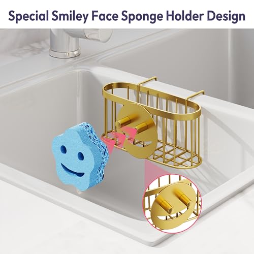 SWTYMIKI Sponge Holder for Kitchen Sink - Movable Sink Caddy with Smiley Face Sponge Holder, Rustproof Hanging Sponge Organizer in Double Bowl Sinks Depth>3.15in, Middle Divider<1.5in, Gold - color: Gold-smiley Sponge Holder