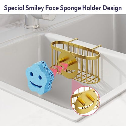 SWTYMIKI Sponge Holder for Kitchen Sink - Movable Sink Caddy with Smiley Face Sponge Holder, Rustproof Hanging Sponge Organizer in Double Bowl Sinks Depth>3.15in, Middle Divider<1.5in, Gold - color: Gold-smiley Sponge Holder