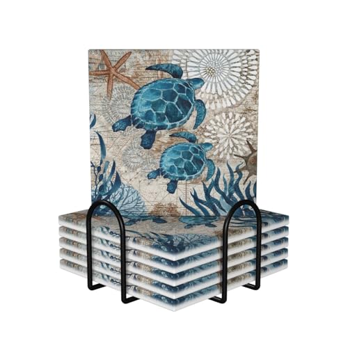 Nautical Coastal Turtle Square Ceramic Coasters Set of 6 Pack, Funny Summer Man Boy Ocean Beach Tropical Stone Drink Coaster with Cup Holder Anti-Scratc Cork Backing Bar Kitchen Home Housewarming Gift - color: Nautical Beach Turtle, size: Square