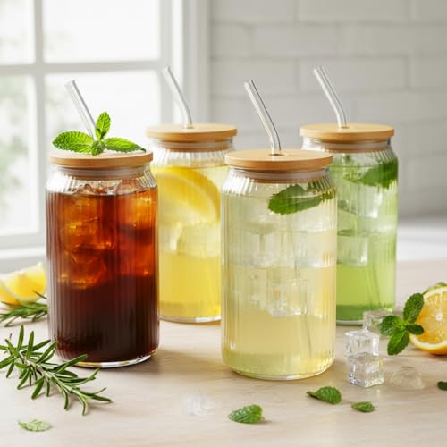 8 Pcs Fluted Glass Tumblers with Bamboo Lids and Straws 16oz Ribbed Can Drinking Glasses Beer Shaped Glasses Coffee Cups for Iced Coffee Cocktail Beer Tea Water Whiskey