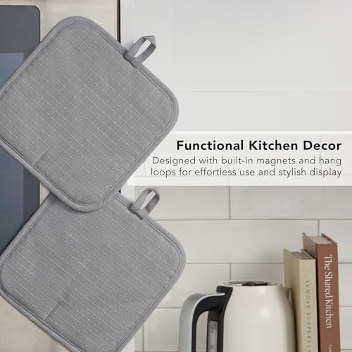 KITCHENAID Gourmet Series Gridlines Pot Holders 2-Pack Set, Heat Resistant up to 600°F, Soft Silicone Grip, Magnetic Cuff, Matte Grey, 8"x8" - color: Matte Grey