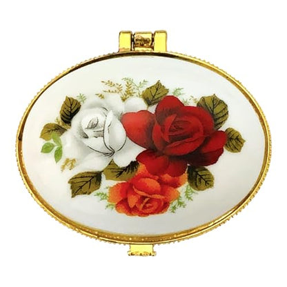 Tiny Oval Porcelain Trinket Box | Rose Bouquet | French Style Gift Box with Velvet Bag - style: Rose Bouquet Oval