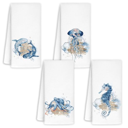 Jvpke Coastal Kitchen Towels Set of 4 - Whale Jellyfish Octopus Seahorse Beach Hand Towels, Nautical Towels, Coastal Beach Bathroom Decor, Ocean Themed Decor, 16x24 - color: Ocean5