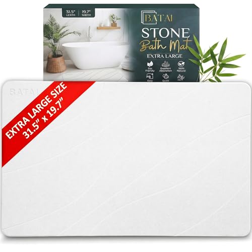 Extra Large Diatomaceous Earth Stone Bath Mat (31.5” x 19.7”) White XL | Fast Absorbent Shower Stone Bath Mat For Bathroom - Quick Dry, Easy Clean and Non-Slip Mat - Instant Drying Diatomite Bathmat - color: White