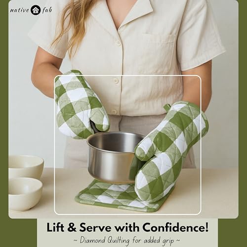 Native Fab Buffalo Plaid Check Oven Mitts and Pot Holders Set of 4, 100% Cotton Heat Resistant Kitchen Gloves, 2 Oven Mitts (7x13), 2 Pot Holders (8x8) for Cooking & Baking, Mint Green White - color: Buffalo, Mint Green