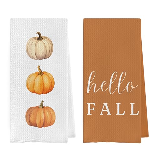 Fall Pumpkin Dish Towels Set - Fall Pumpkin Gifts Waffle Weave Kitchen Towels, Fall Pumpkin Gifts Hand Tea Towels, Fall Bathroom Kitchen Decor (16×24 Inches Set of 2) - color: Fall-1