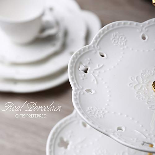 3-Tier Porcelain Cupcake Stand Serving Tray - White Embossed Elegant Dessert Cake Stand - Pastry Serving Stand for Tea Party, Wedding and Birthday