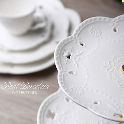 3-Tier Porcelain Cupcake Stand Serving Tray - White Embossed Elegant Dessert Cake Stand - Pastry Serving Stand for Tea Party, Wedding and Birthday
