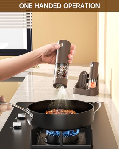 CIRCLE JOY Electric Salt and Pepper Grinder Set Automatic Salt and Pepper Grinder Set with Easy-to-Carry Charging Base and LED Light, USB Rechargeable, Upgrade External Adjustable Coarseness, Green - color: Brown