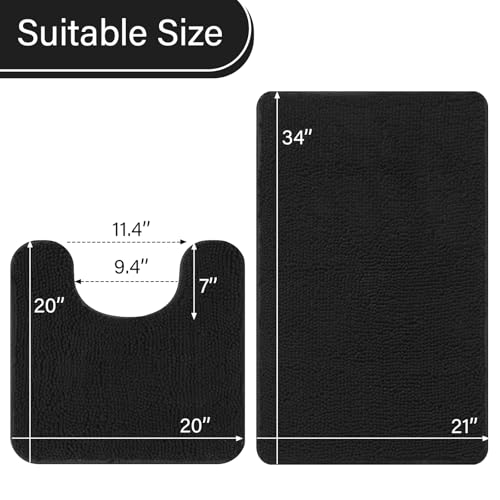 LOCHAS Bathroom Rugs Sets 2 Piece, 20''x20'' & 34''x21'', Black | Non Slip U-Shaped Toilet Rug, Chenille Washable Absorbent, Soft Bath Mat Set for Shower, Sink - color: Black