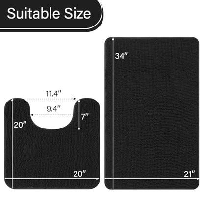 LOCHAS Bathroom Rugs Sets 2 Piece, 20''x20'' & 34''x21'', Black | Non Slip U-Shaped Toilet Rug, Chenille Washable Absorbent, Soft Bath Mat Set for Shower, Sink - color: Black